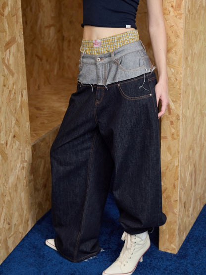 Double Waist Spliced Embroidered Loose Straight Floor Length Wide Leg Pants【s0000013855】