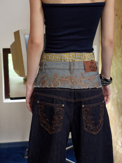 Double Waist Spliced Embroidered Loose Straight Floor Length Wide Leg Pants【s0000013855】