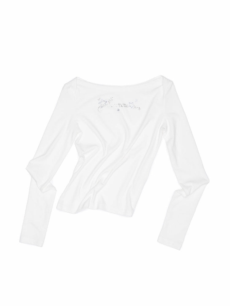 Off-Shoulder Rhinestone Logo Long-Sleeve T-Shirt【s0000013856】