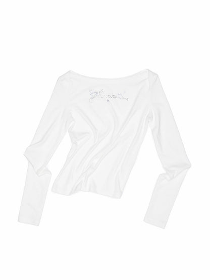 Off-Shoulder Rhinestone Logo Long-Sleeve T-Shirt【s0000013856】