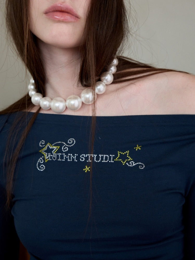 Off-Shoulder Rhinestone Logo Long-Sleeve T-Shirt【s0000013856】