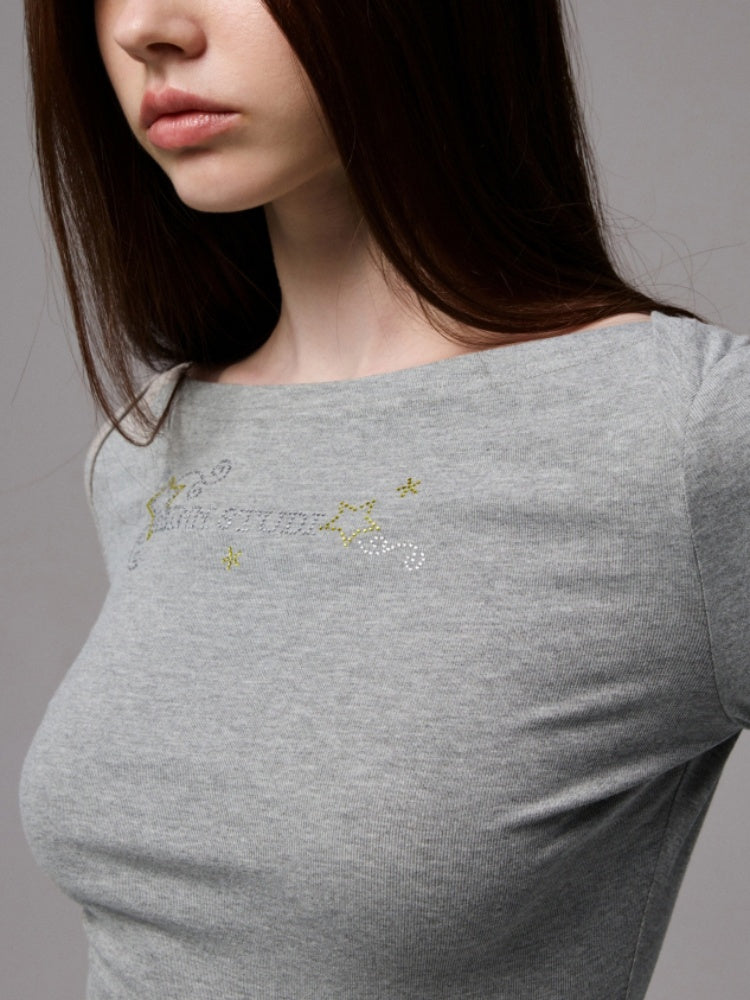 Off-Shoulder Rhinestone Logo Long-Sleeve T-Shirt【s0000013856】