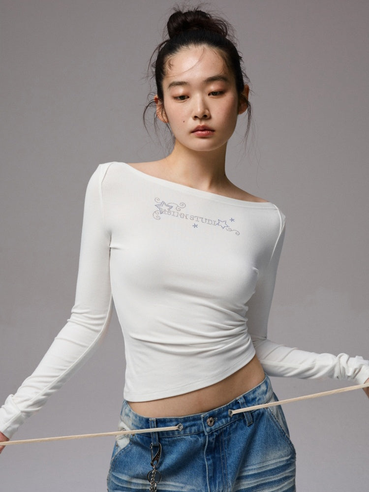 Off-Shoulder Rhinestone Logo Long-Sleeve T-Shirt【s0000013856】