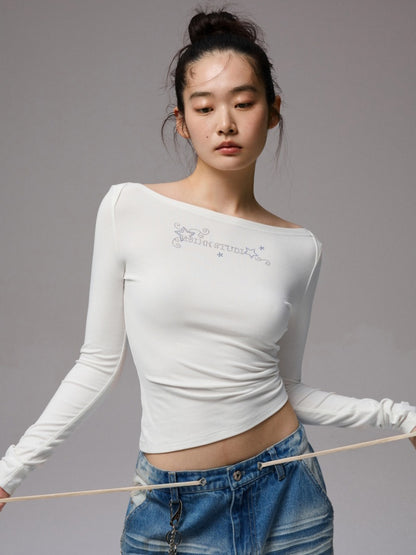 Off-Shoulder Rhinestone Logo Long-Sleeve T-Shirt【s0000013856】