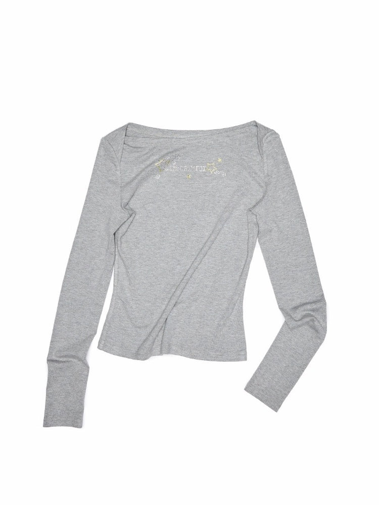 Off-Shoulder Rhinestone Logo Long-Sleeve T-Shirt【s0000013856】