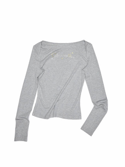 Off-Shoulder Rhinestone Logo Long-Sleeve T-Shirt【s0000013856】