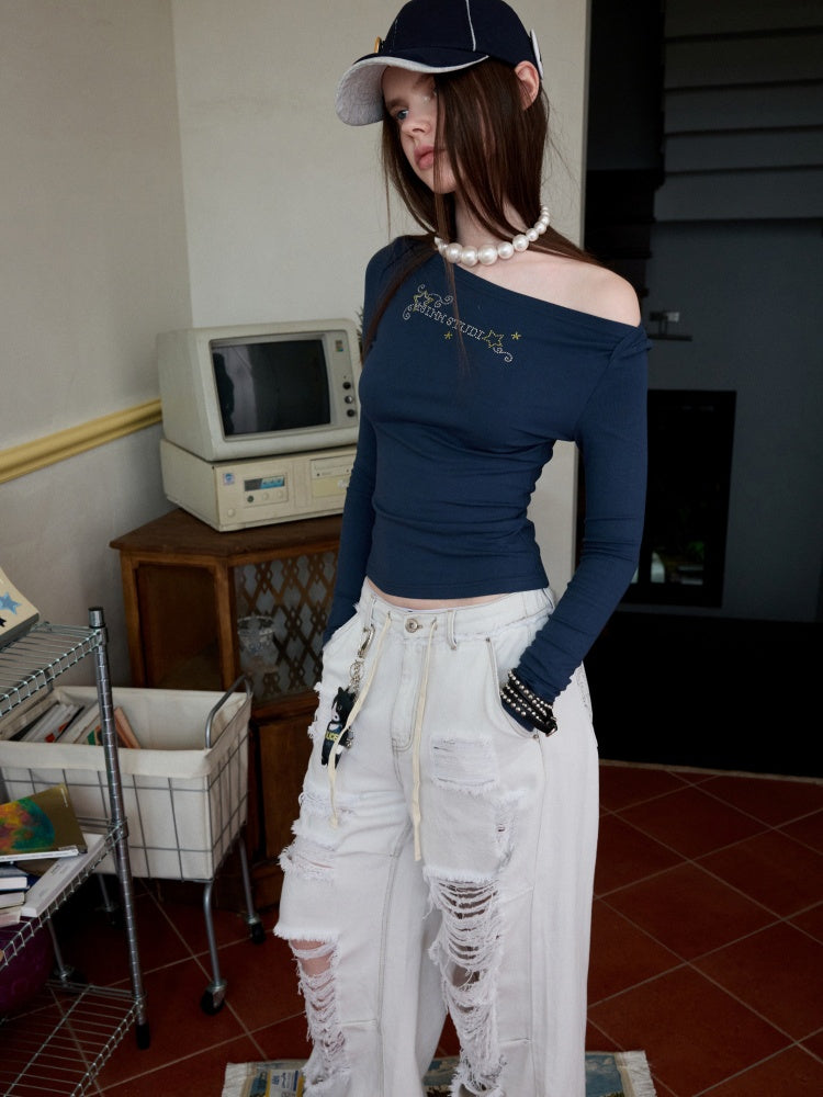Off-Shoulder Rhinestone Logo Long-Sleeve T-Shirt【s0000013856】