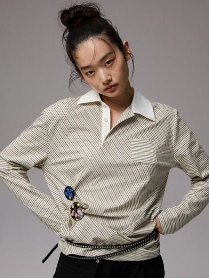 Irregular Contrasting Stripe Henry Collar Polo Shirt【s0000013857】