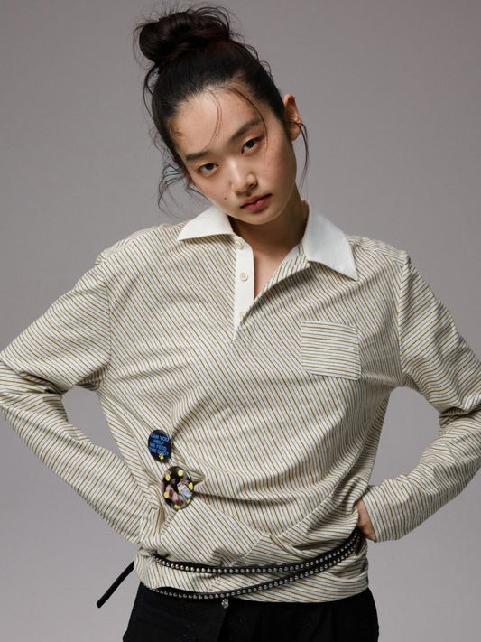 Irregular Contrasting Stripe Henry Collar Polo Shirt【s0000013857】