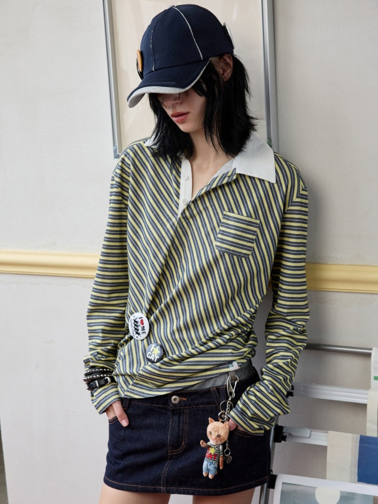 Irregular Contrasting Stripe Henry Collar Polo Shirt【s0000013857】