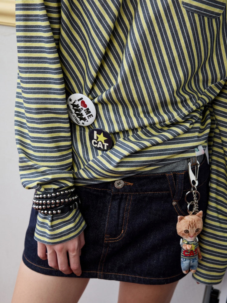 Irregular Contrasting Stripe Henry Collar Polo Shirt【s0000013857】