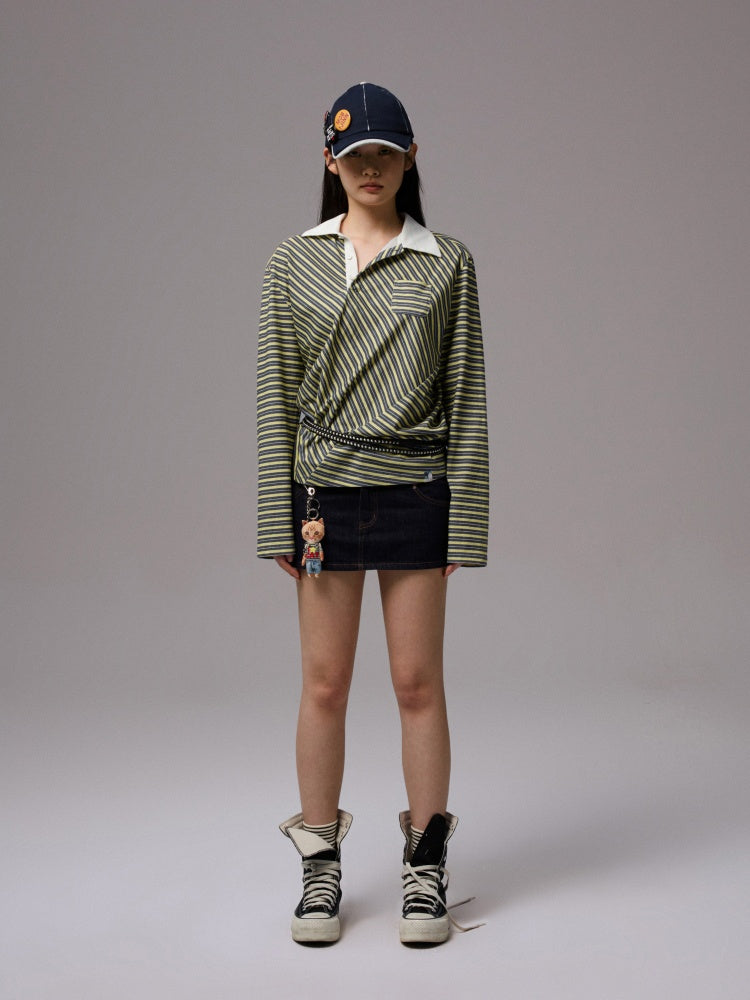 Irregular Contrasting Stripe Henry Collar Polo Shirt【s0000013857】