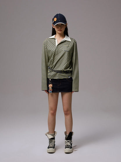 Irregular Contrasting Stripe Henry Collar Polo Shirt【s0000013857】