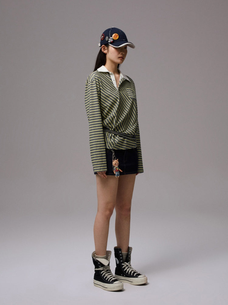 Irregular Contrasting Stripe Henry Collar Polo Shirt【s0000013857】