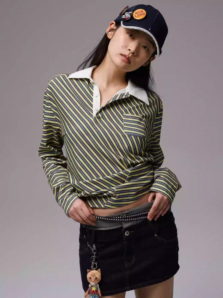 Irregular Contrasting Stripe Henry Collar Polo Shirt【s0000013857】