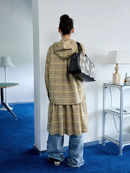 Vintage Plaid Hooded Ribbon Shirt & Drawstring Skirt & Wide Leg Pants Set【s0000013859】