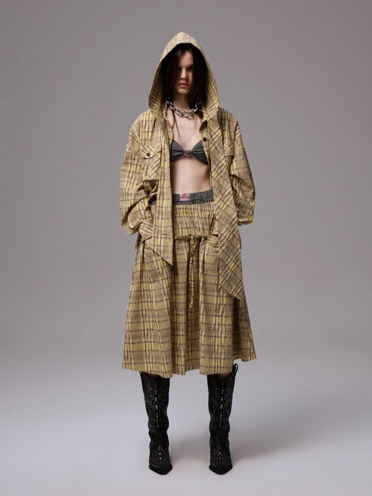 Vintage Plaid Hooded Ribbon Shirt & Drawstring Skirt & Wide Leg Pants Set【s0000013859】