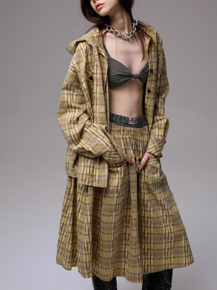 Vintage Plaid Hooded Ribbon Shirt & Drawstring Skirt & Wide Leg Pants Set【s0000013859】