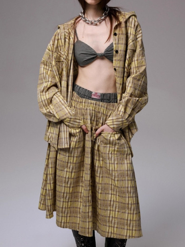 Vintage Plaid Hooded Ribbon Shirt & Drawstring Skirt & Wide Leg Pants Set【s0000013859】
