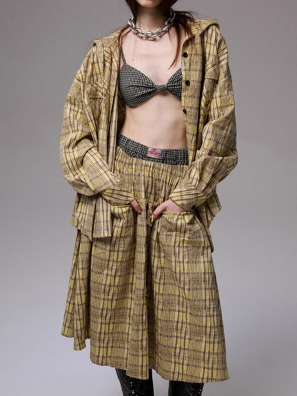 Vintage Plaid Hooded Ribbon Shirt & Drawstring Skirt & Wide Leg Pants Set【s0000013859】