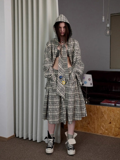 Vintage Plaid Hooded Ribbon Shirt & Drawstring Skirt & Wide Leg Pants Set【s0000013859】