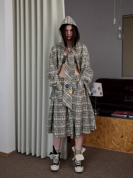 Vintage Plaid Hooded Ribbon Shirt & Drawstring Skirt & Wide Leg Pants Set【s0000013859】