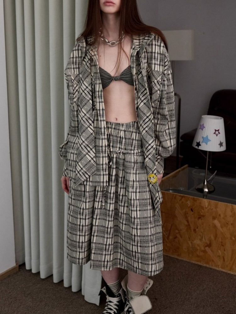 Vintage Plaid Hooded Ribbon Shirt & Drawstring Skirt & Wide Leg Pants Set【s0000013859】