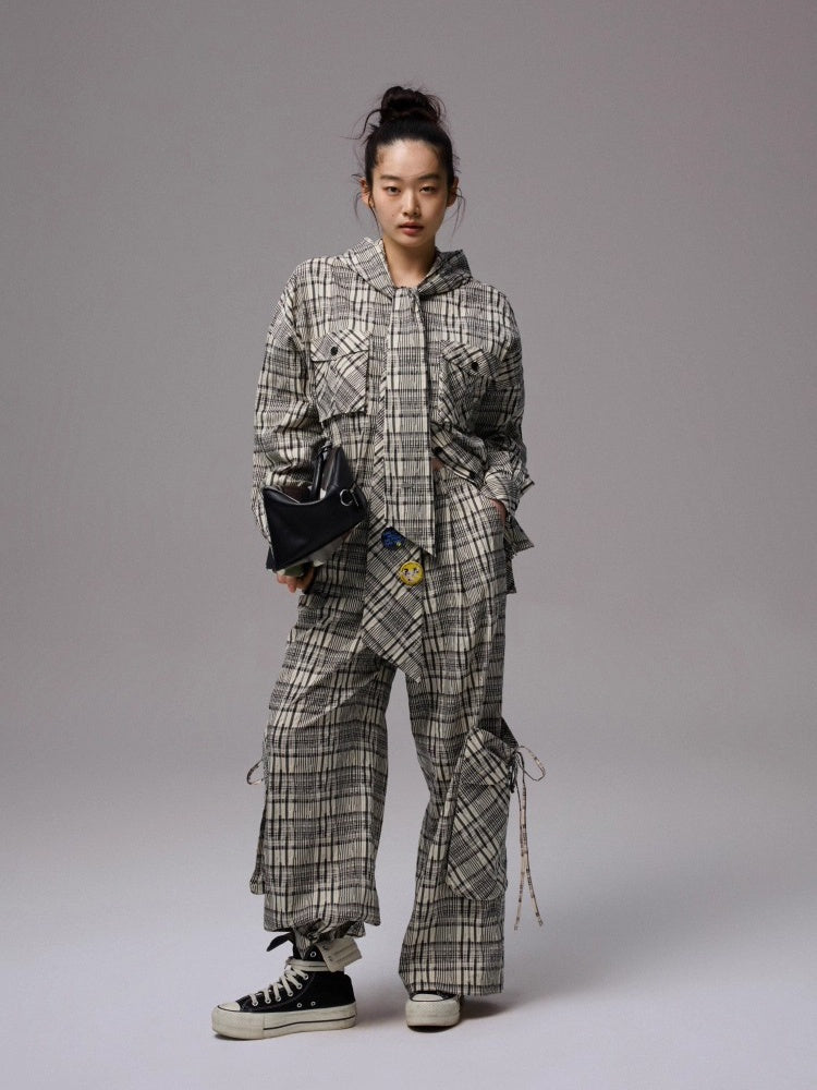 Vintage Plaid Hooded Ribbon Shirt & Drawstring Skirt & Wide Leg Pants Set【s0000013859】