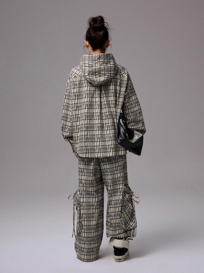 Vintage Plaid Hooded Ribbon Shirt & Drawstring Skirt & Wide Leg Pants Set【s0000013859】