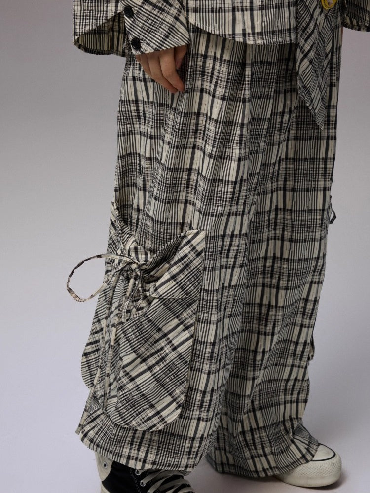 Vintage Plaid Hooded Ribbon Shirt & Drawstring Skirt & Wide Leg Pants Set【s0000013859】
