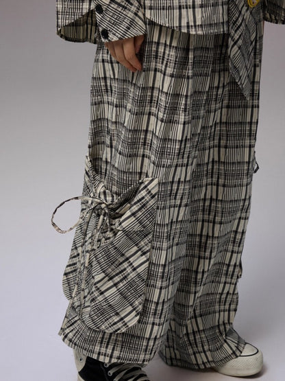 Vintage Plaid Hooded Ribbon Shirt & Drawstring Skirt & Wide Leg Pants Set【s0000013859】