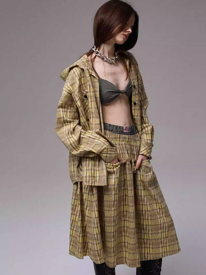 Vintage Plaid Hooded Ribbon Shirt & Drawstring Skirt & Wide Leg Pants Set【s0000013859】