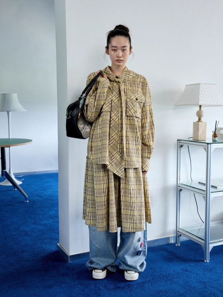 Vintage Plaid Hooded Ribbon Shirt & Drawstring Skirt & Wide Leg Pants Set【s0000013859】