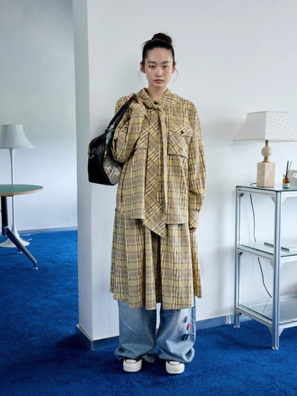 Vintage Plaid Hooded Ribbon Shirt & Drawstring Skirt & Wide Leg Pants Set【s0000013859】