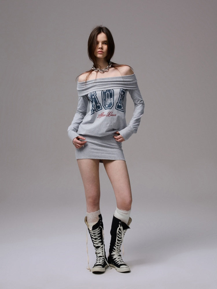 American Off-Shoulder Letter Print Hip Hugging Dress Tops【s0000013861】