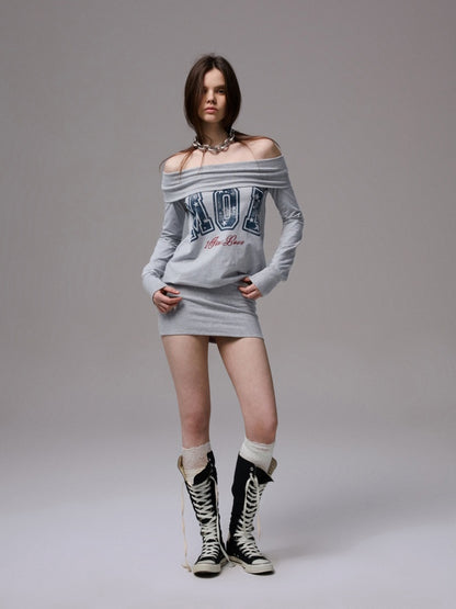 American Off-Shoulder Letter Print Hip Hugging Dress Tops【s0000013861】