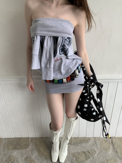 American Off-Shoulder Letter Print Hip Hugging Dress Tops【s0000013861】