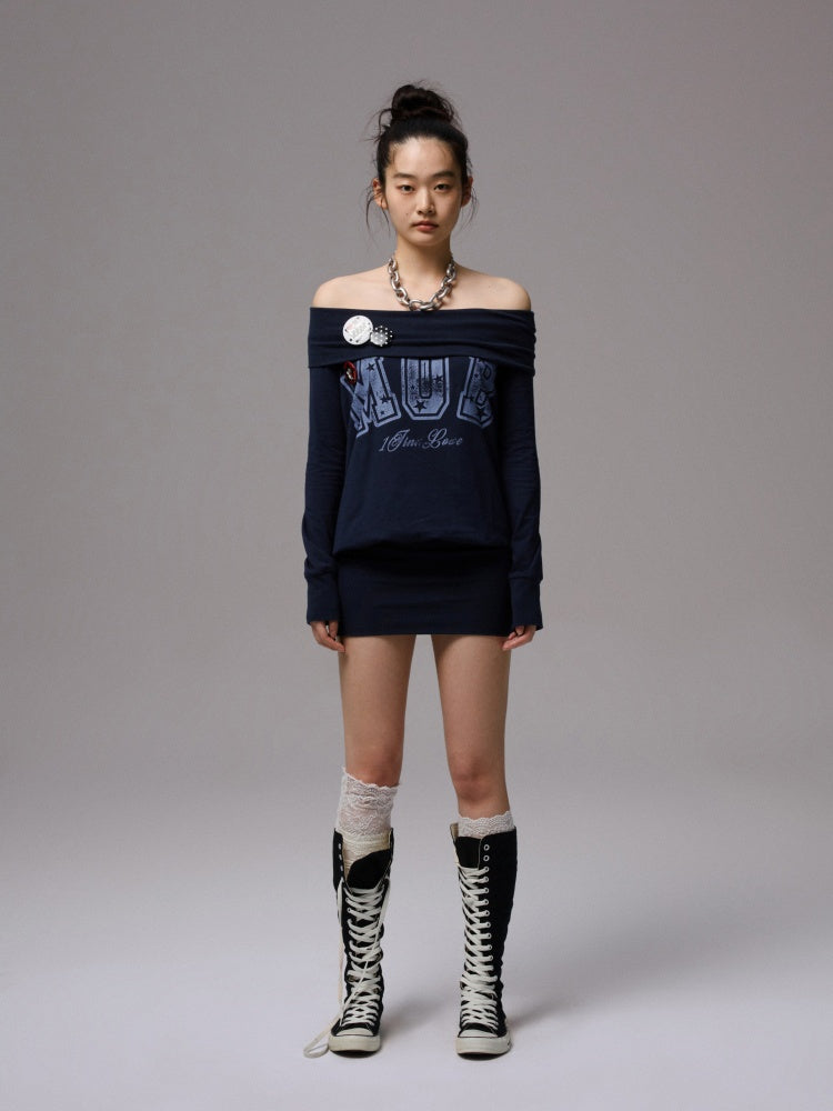 American Off-Shoulder Letter Print Hip Hugging Dress Tops【s0000013861】