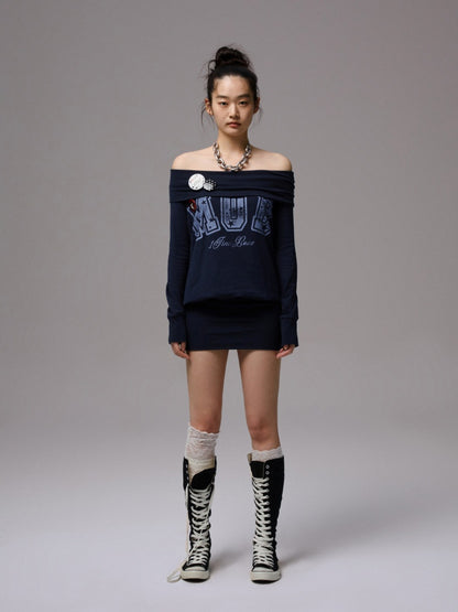 American Off-Shoulder Letter Print Hip Hugging Dress Tops【s0000013861】