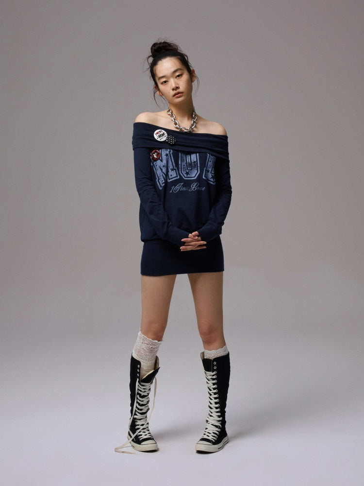 American Off-Shoulder Letter Print Hip Hugging Dress Tops【s0000013861】