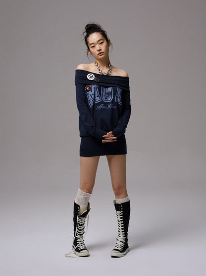 American Off-Shoulder Letter Print Hip Hugging Dress Tops【s0000013861】