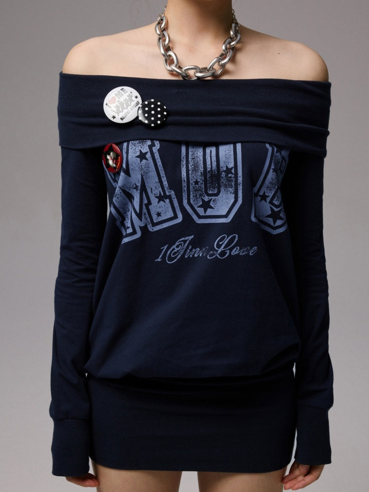 American Off-Shoulder Letter Print Hip Hugging Dress Tops【s0000013861】