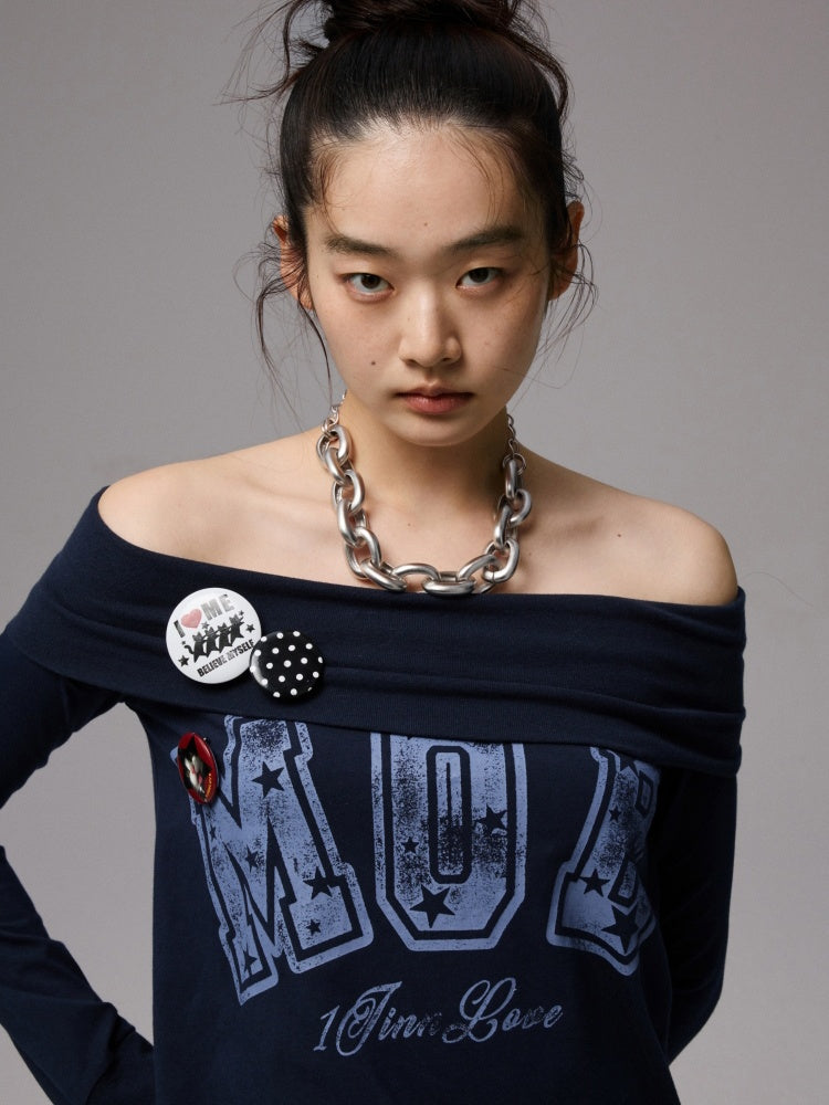 American Off-Shoulder Letter Print Hip Hugging Dress Tops【s0000013861】