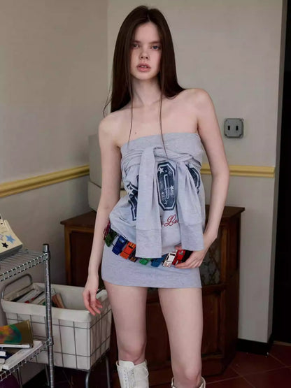 American Off-Shoulder Letter Print Hip Hugging Dress Tops【s0000013861】