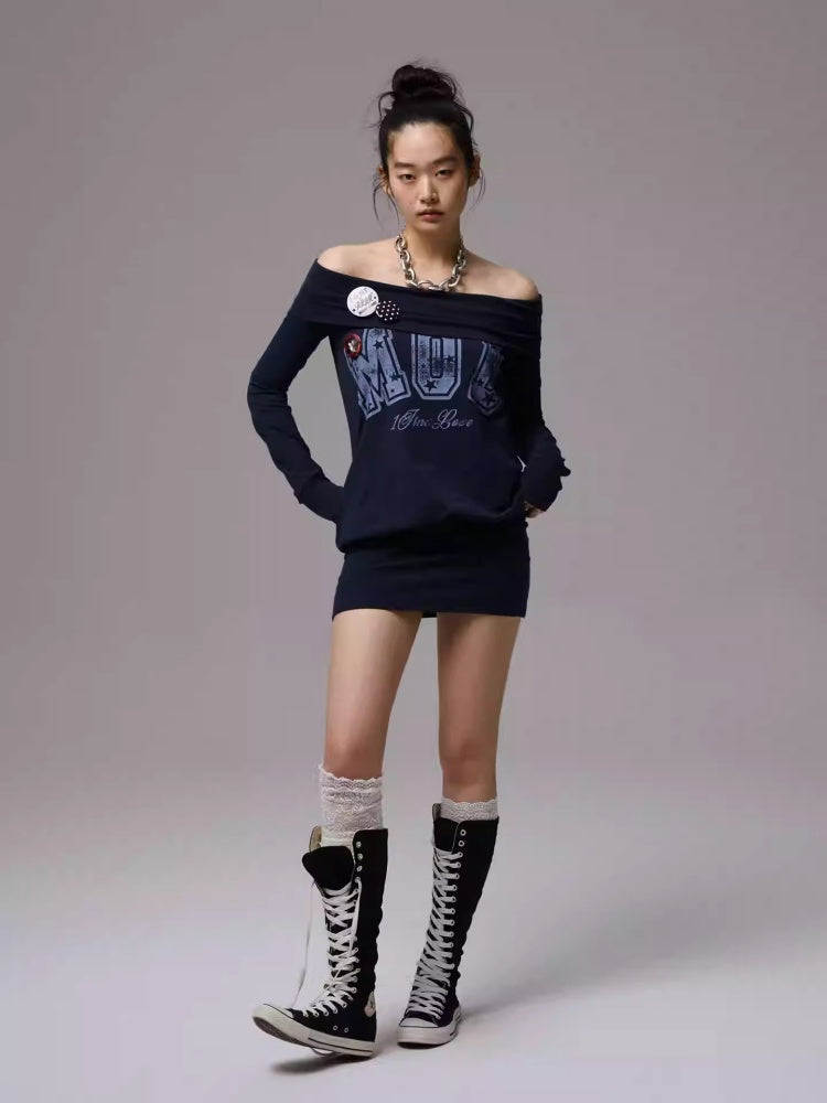 American Off-Shoulder Letter Print Hip Hugging Dress Tops【s0000013861】