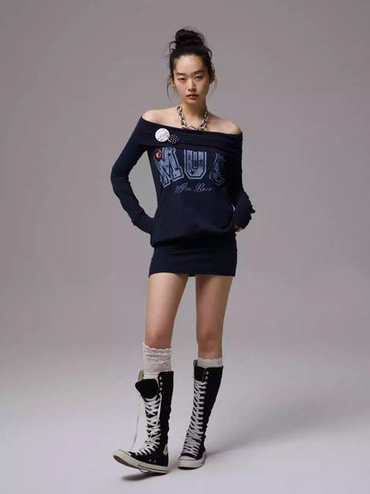 American Off-Shoulder Letter Print Hip Hugging Dress Tops【s0000013861】