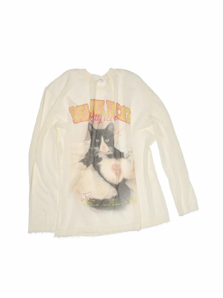 American Vintage Cat Print Slightly Sheer Knit T-Shirt【s0000013862】