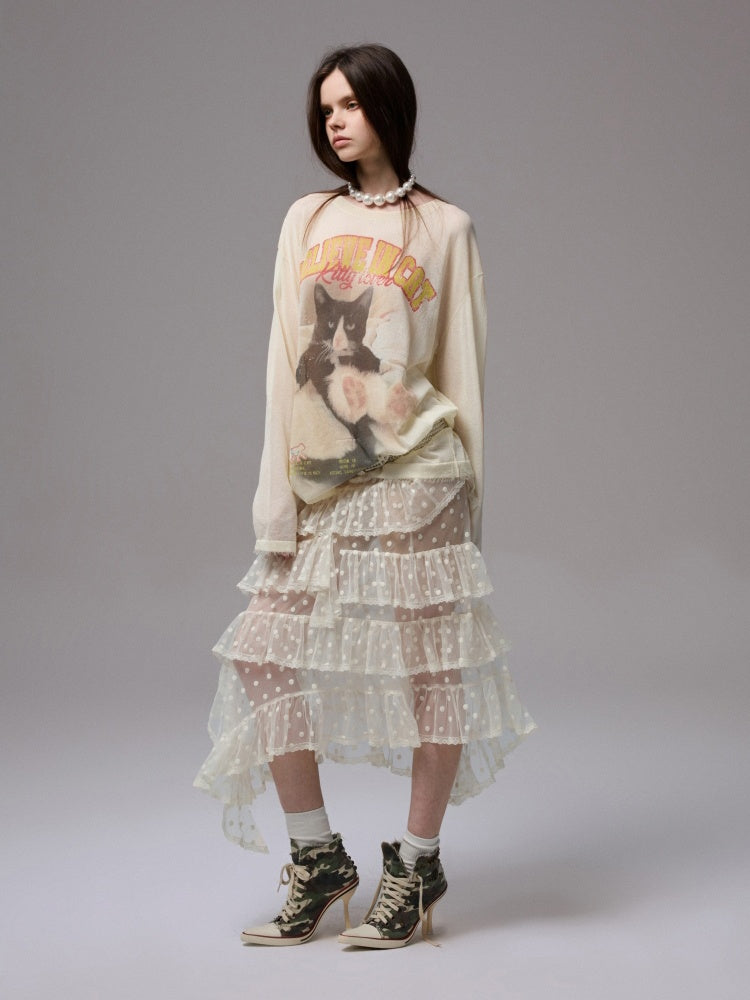 American Vintage Cat Print Slightly Sheer Knit T-Shirt【s0000013862】