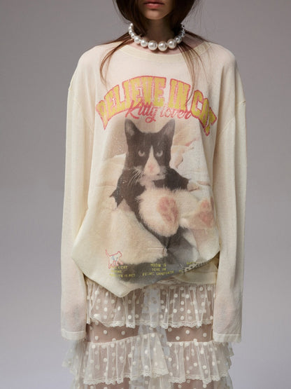 American Vintage Cat Print Slightly Sheer Knit T-Shirt【s0000013862】