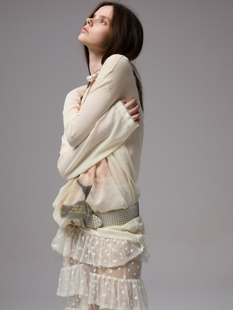 American Vintage Cat Print Slightly Sheer Knit T-Shirt【s0000013862】